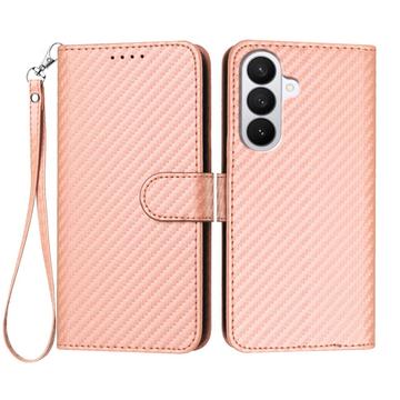 Etui portefeuille premium Samsung Galaxy S26 Pro avec sangle - Texture fibre de carbone - Rose carbone