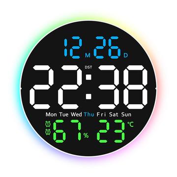 Horloge murale LED silencieuse avec affichage numérique et lumière d\'ambiance - Noir