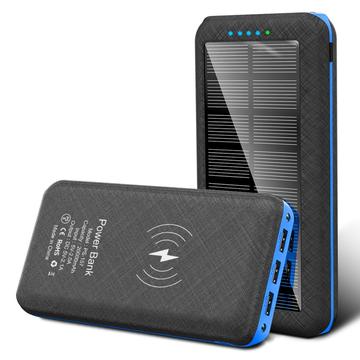 Banque d\'énergie solaire 20000mAh avec chargement sans fil, 3x ports USB, double lampe de poche LED - Bleu / Noir