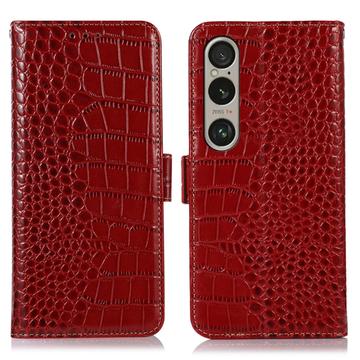 Étui Portefeuille Sony Xperia 1 VI en Cuir avec RFID - Série Crocodile - Rouge