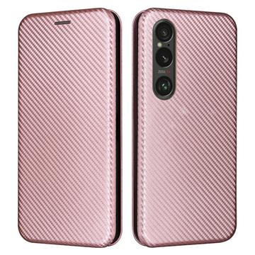 Étui à Rabat Sony Xperia 1 VI - Fibre de Carbone - Rose Doré
