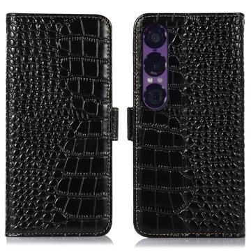 Étui Portefeuille Sony Xperia 1 VII en Cuir avec RFID - Série Crocodile - Noir