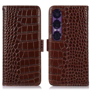 Étui Portefeuille Sony Xperia 1 VII en Cuir avec RFID - Série Crocodile - Marron