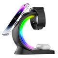 T17 3-in-1 RGB Light Magnetic Wireless Charger for iPhone 12 / 13 / 14 / 15 Series Desktop Fast Charging Stand Compatible with MagSafe - Noir