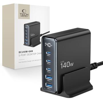 Tech-Protect DC140W GaN Chargeur de bureau à 5 ports avec 3x PD USB-C, 2x QC 3.0 USB-A - Noir