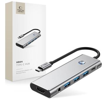 Tech-Protect HB04 Adaptateur Hub USB-C 9-en-1 avec USB-A/HDMI/SD/TF Lecteur de cartes/USB-C 100W PD/3.5mm - Gris Espace