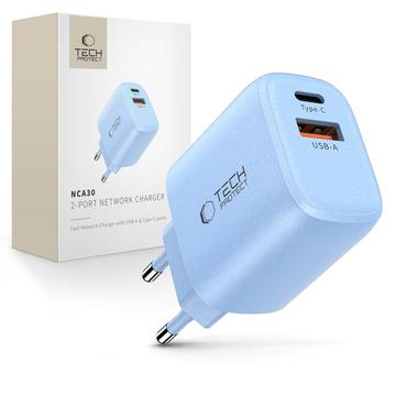 Tech-Protect NCA30 Chargeur à double port - 30W USB-C PD et 18W USB-A QC3.0 - Azur Clair