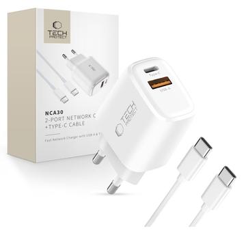 Tech-Protect NCA30 Chargeur PD à double port 30W/QC3.0 avec câble USB-C - Blanc