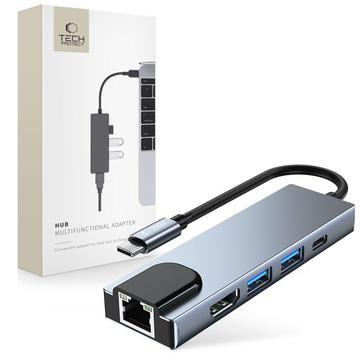 Tech-Protect V3 Hub USB-C 5-en-1 - HDMI, Gigabit-LAN, USB 3.0/2.0, 100W USB-C - Gris