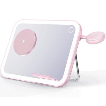 V22 Chargeur sans fil MagSafe 3-en-1 avec miroir de maquillage LED, veilleuse - Rose