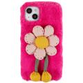 Coque iPhone 14 Plus en TPU 3D Plush Hiver Poilu - Fleur Rose Vif