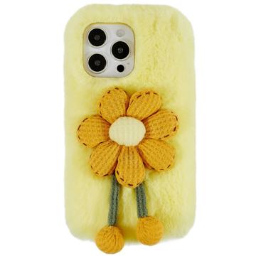 Coque iPhone 14 Pro en TPU 3D Plush Hiver poilu - Fleur Jaune