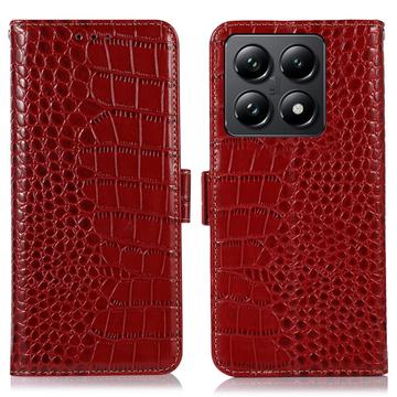 Étui Portefeuille Xiaomi 14T Pro en Cuir avec RFID - Série Crocodile - Rouge