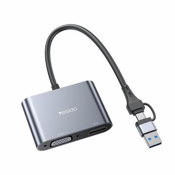 YESIDO HM15 USB / Type-C vers VGA + Adaptateur HD Adaptateur de mise en miroir pour deux moniteurs HDTV