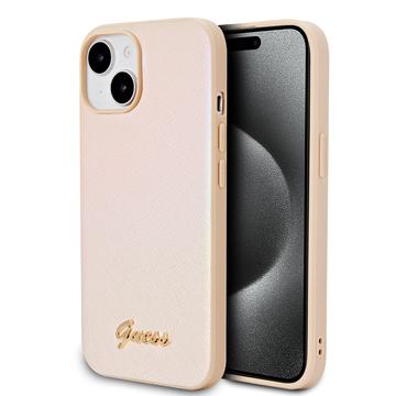 Coque hybride iPhone 15 Guess Iridescent Metal Script