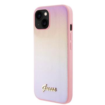 Coque hybride iPhone 15 Guess Iridescent Metal Script - Rose