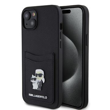 iPhone 15 Karl Lagerfeld Saffiano Card Slot Metal Karl & Choupette Case - Noir