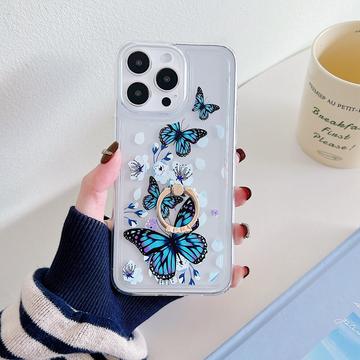 Coque iPhone 15 Pro en TPU Papillon avec support d\'anneau - Bleu foncé