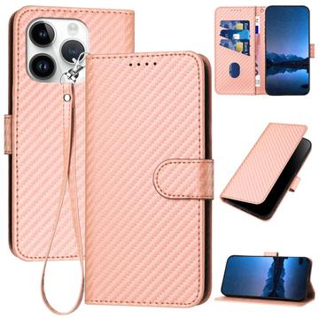 Etui portefeuille premium iPhone 15 Pro Max avec sangle - Texture fibre de carbone - Rose carbone