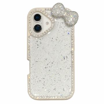 Coque époxy iPhone 16 avec nœud et strass - Blanche