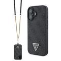 Coque iPhone 16 avec Crossbody Sangle Guess 4G Strass Triangle Metal Logo - Noire