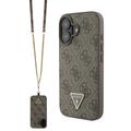 Coque iPhone 16 avec Crossbody Sangle Guess 4G Strass Triangle Metal Logo - Marrone