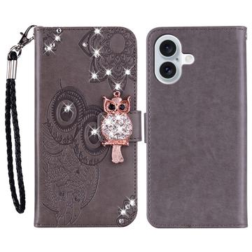Etui iPhone 16 Hibou Strass - Gris