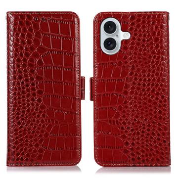 Étui Portefeuille iPhone 16 Plus en Cuir avec RFID - Série Crocodile - Rouge