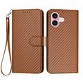 Etui portefeuille premium iPhone 16 avec sangle - Texture fibre de carbone - Café au carbone