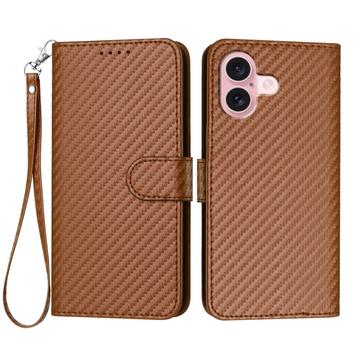 Etui portefeuille premium iPhone 16 avec sangle - Texture fibre de carbone - Café au carbone