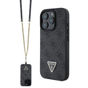 Coque iPhone 16 Pro avec Crossbody Sangle Guess 4G Strass Triangle Metal Logo - Noire