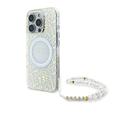 Coque iPhone 16 Pro Guess IML Flowers Allover avec bracelet en perles - Compatible MagSafe - Blanche