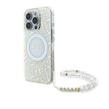 Coque iPhone 16 Pro Guess IML Flowers Allover avec bracelet en perles - Compatible MagSafe - Blanche