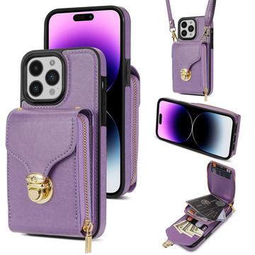 Coque tout-en-un iPhone 16 Pro Max avec portefeuille et dragonne - Violete