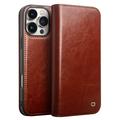 Etui Portefeuille iPhone 16 Pro Max en Cuir Qialino Classic - Marron Foncé