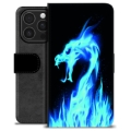 Étui Portefeuille Premium iPhone 16 Pro - Dragon Feu Bleu