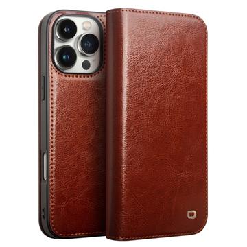 Etui Portefeuille iPhone 16 Pro en Cuir Qialino Classic - Marron Foncé