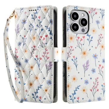 Étui portefeuille iPhone 16 Pro à motif floral rhombique
