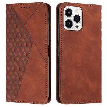 Étui Portefeuille iPhone 16 Pro avec fermeture magnétique à motif de losange - Marron