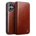 Etui Portefeuille iPhone 16 en Cuir Qialino Classic - Marron Foncé