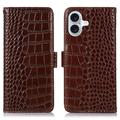 Étui Portefeuille iPhone 17 en Cuir avec RFID - Série Crocodile - Marron