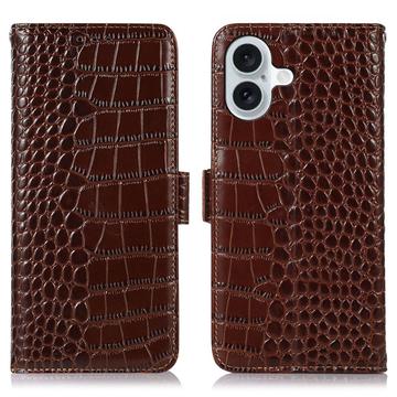 Étui Portefeuille iPhone 17 en Cuir avec RFID - Série Crocodile - Marron