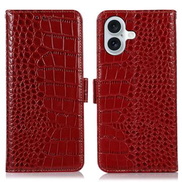 Étui Portefeuille iPhone 17 en Cuir avec RFID - Série Crocodile - Rouge