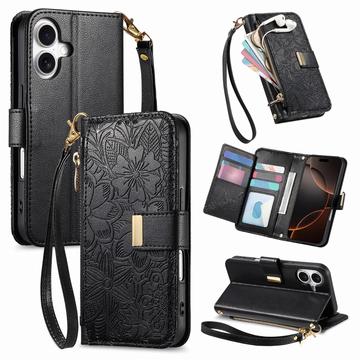 Etui iPhone 17 à motifs floraux et de feuilles avec pochette zippée et dragonne