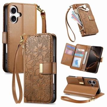 Etui iPhone 17 à motifs floraux et de feuilles avec pochette zippée et dragonne - Marron
