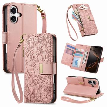 Etui iPhone 17 à motifs floraux et de feuilles avec pochette zippée et dragonne - Rose