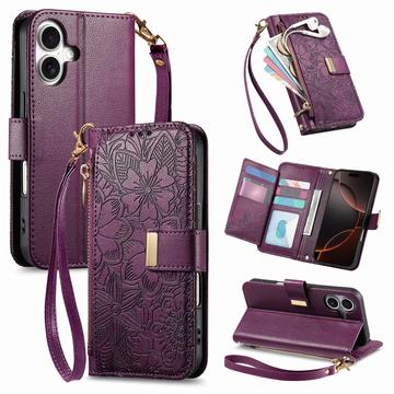 Etui iPhone 17 à motifs floraux et de feuilles avec pochette zippée et dragonne - Violet