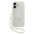 Coque iPhone 17 Guess IML Flowers Allover avec bracelet en perles - Compatible MagSafe - Blanche