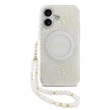 Coque iPhone 17 Guess IML Flowers Allover avec bracelet en perles - Compatible MagSafe - Blanche