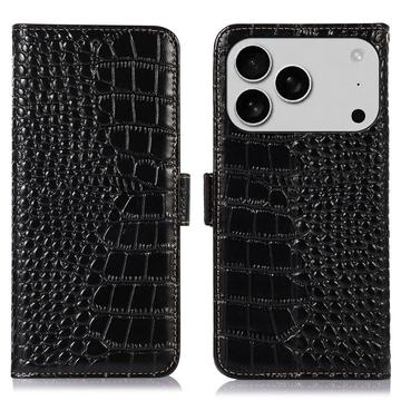 Étui Portefeuille iPhone 17 Pro en Cuir avec RFID - Série Crocodile - Noir